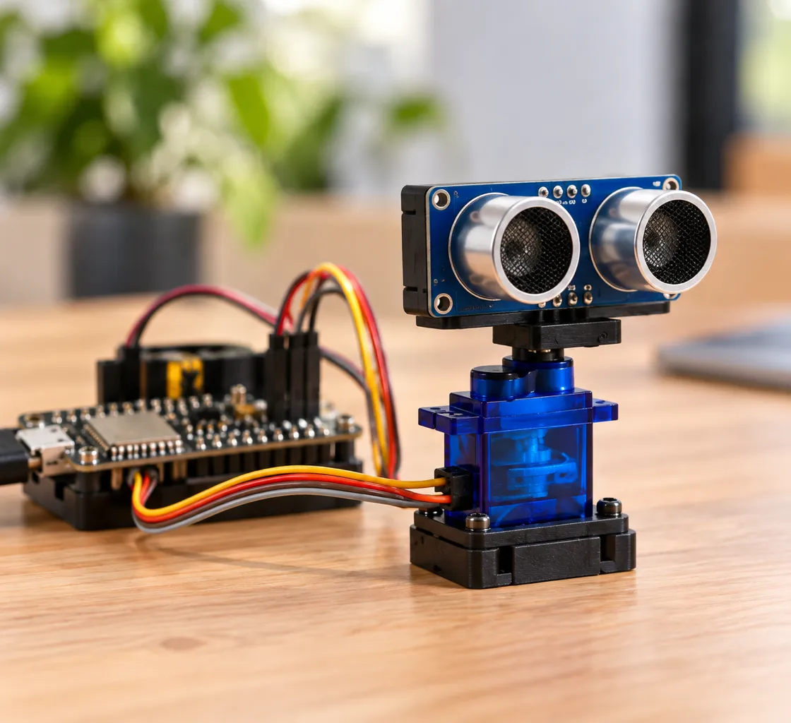 Illustrative ultrasonic distance alarm on a servo mount