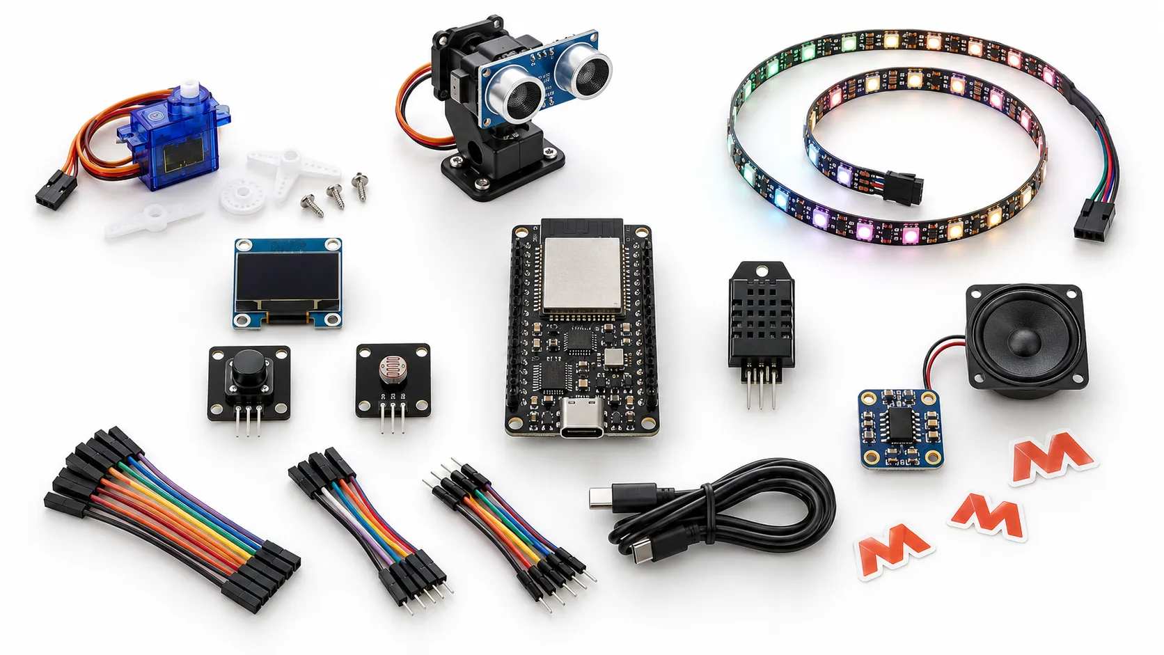 Illustrative flat lay of the MoloWorks AI Coding IoT Dev Kit components